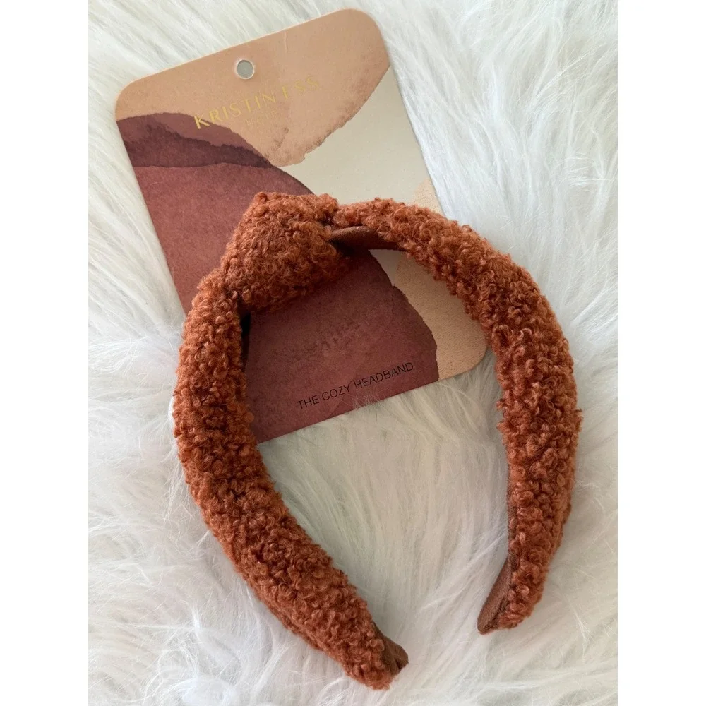 Kristin Ess The Cozy Headband Rust Brown Sherpa Boucle Top Knot Hair Accessory